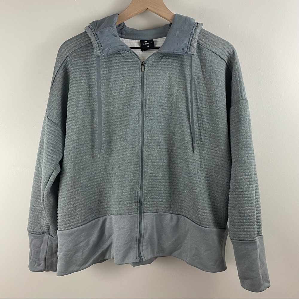 Gray Ribbed Full-Zip Hooded Sweatshirt